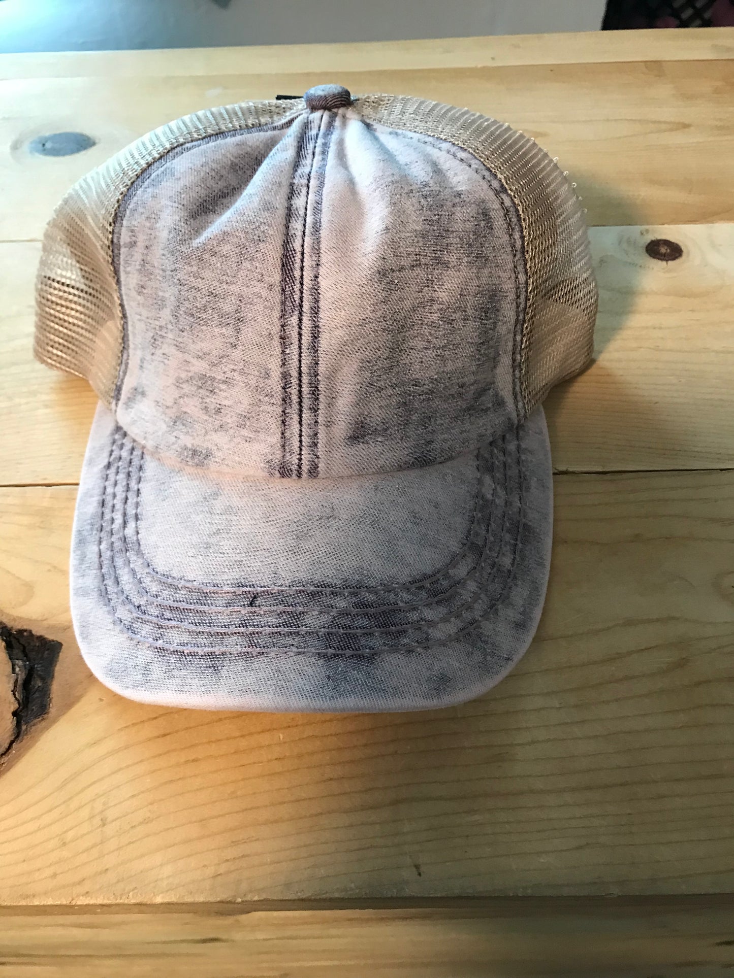 Purple beige criss cross ponytail hat