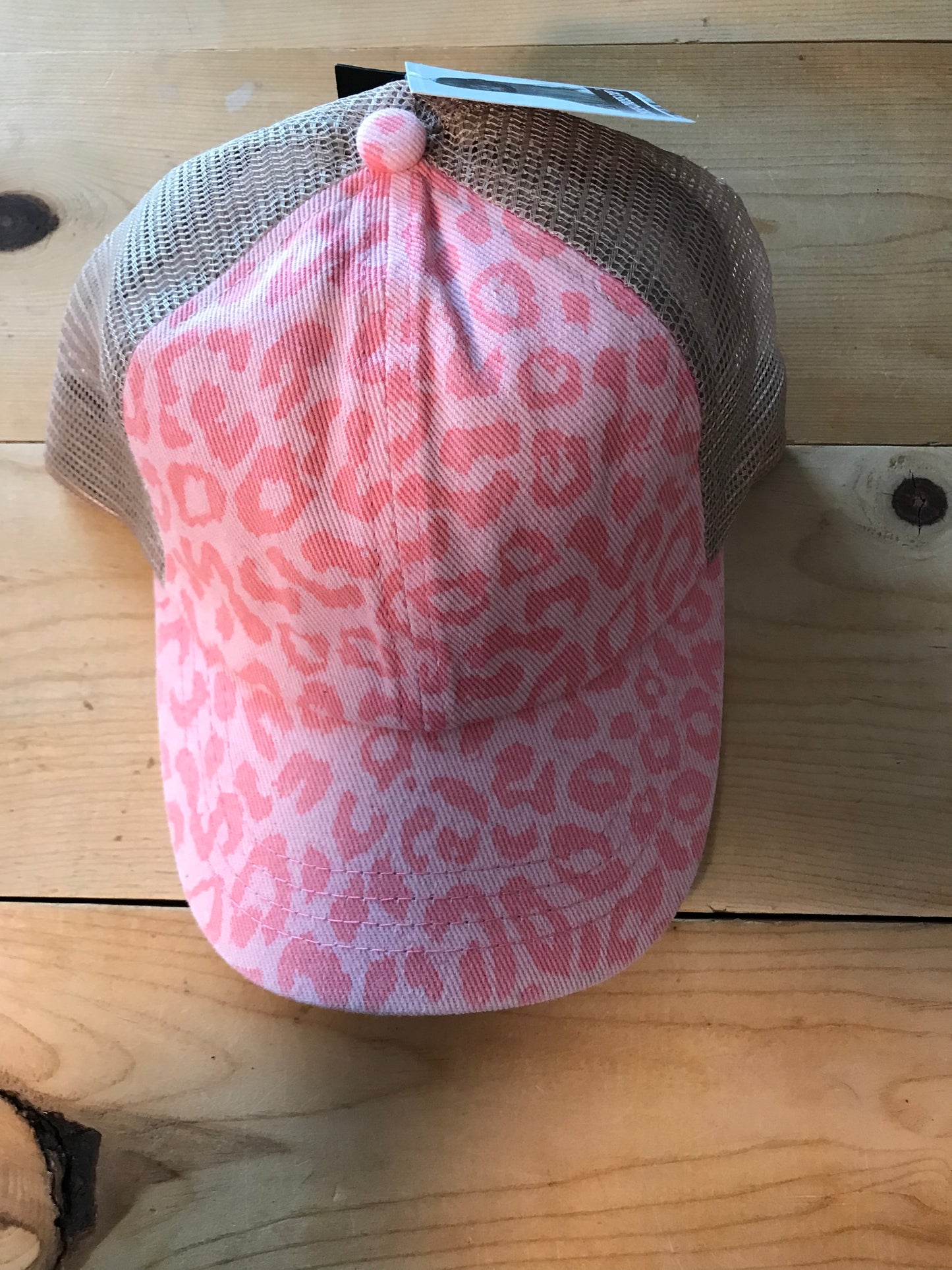 Pink beige leopard crisscross ponytail hat