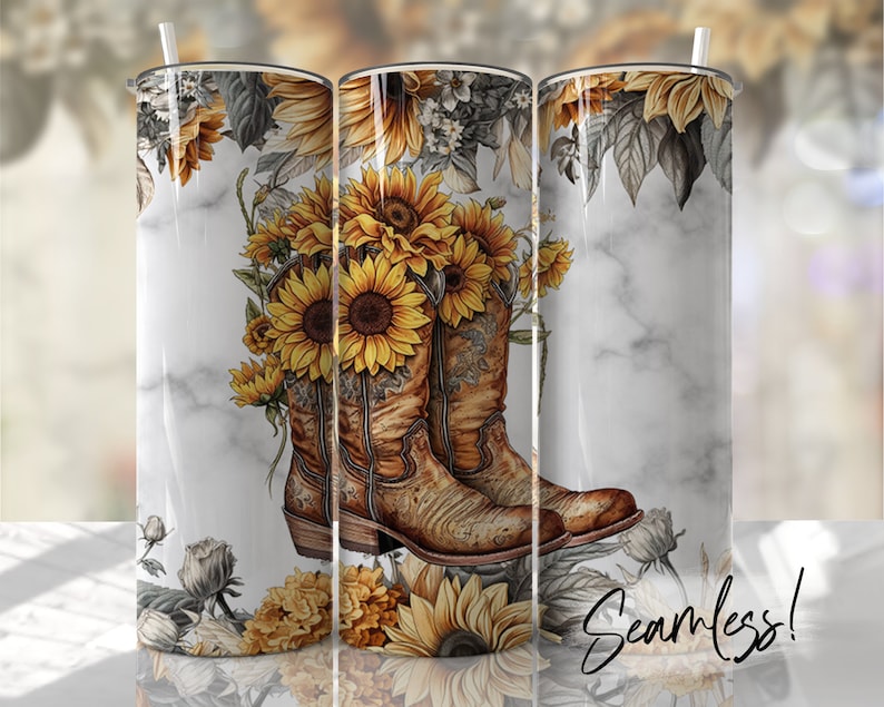 Blessed Cowgirl Sunflowers and Boots 20 Oz, 30 Oz. Skinny Tumbler