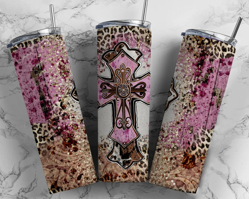 Western Glitter Leopard Cross Tumbler