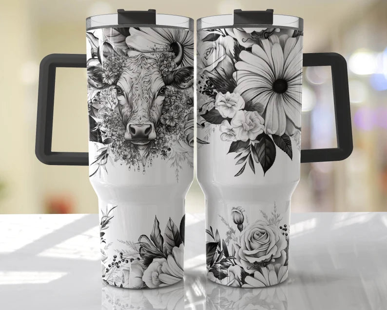 Black and White & Cow Floral 40 oz Tumbler