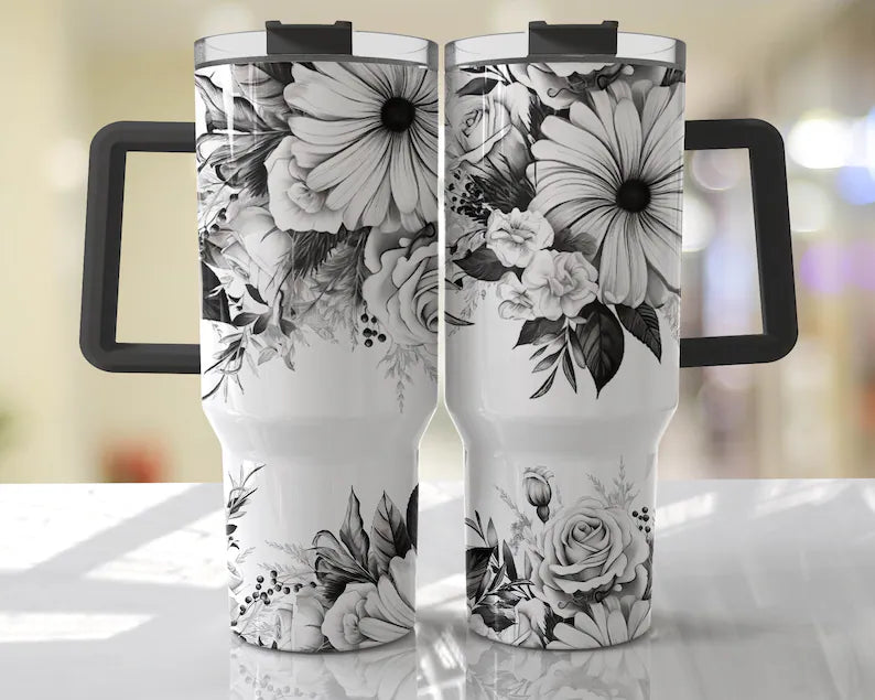 Black and White & Cow Floral 40 oz Tumbler