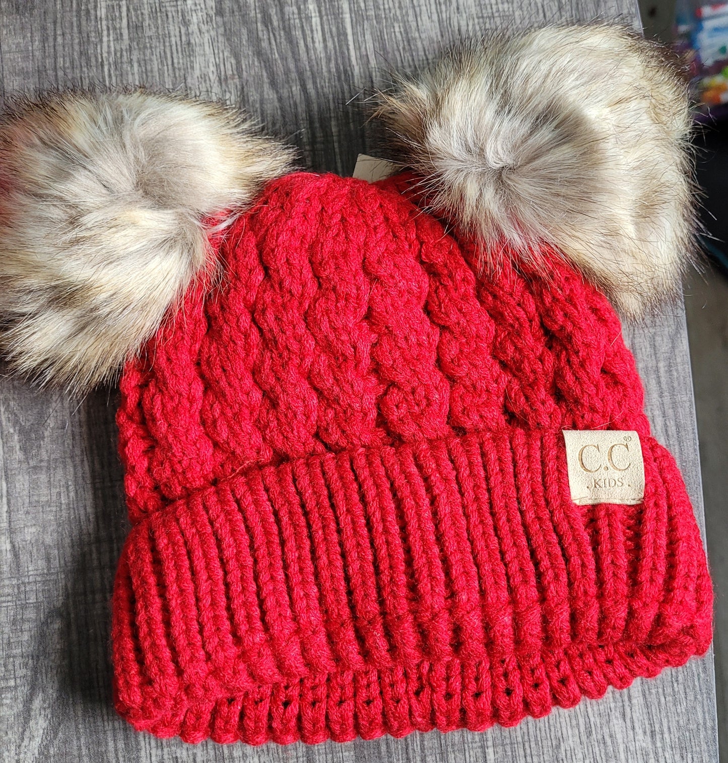 Kids Red double pom beanie
