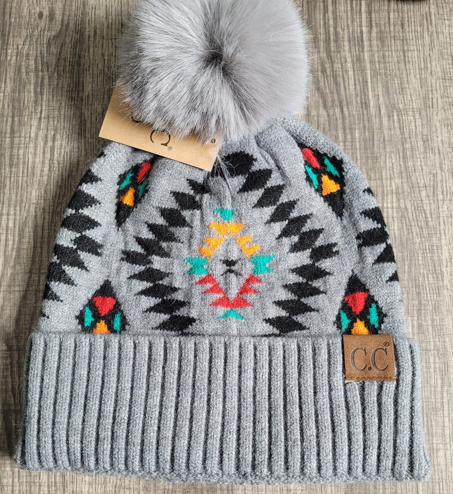 Grey Aztec Pom Beanie