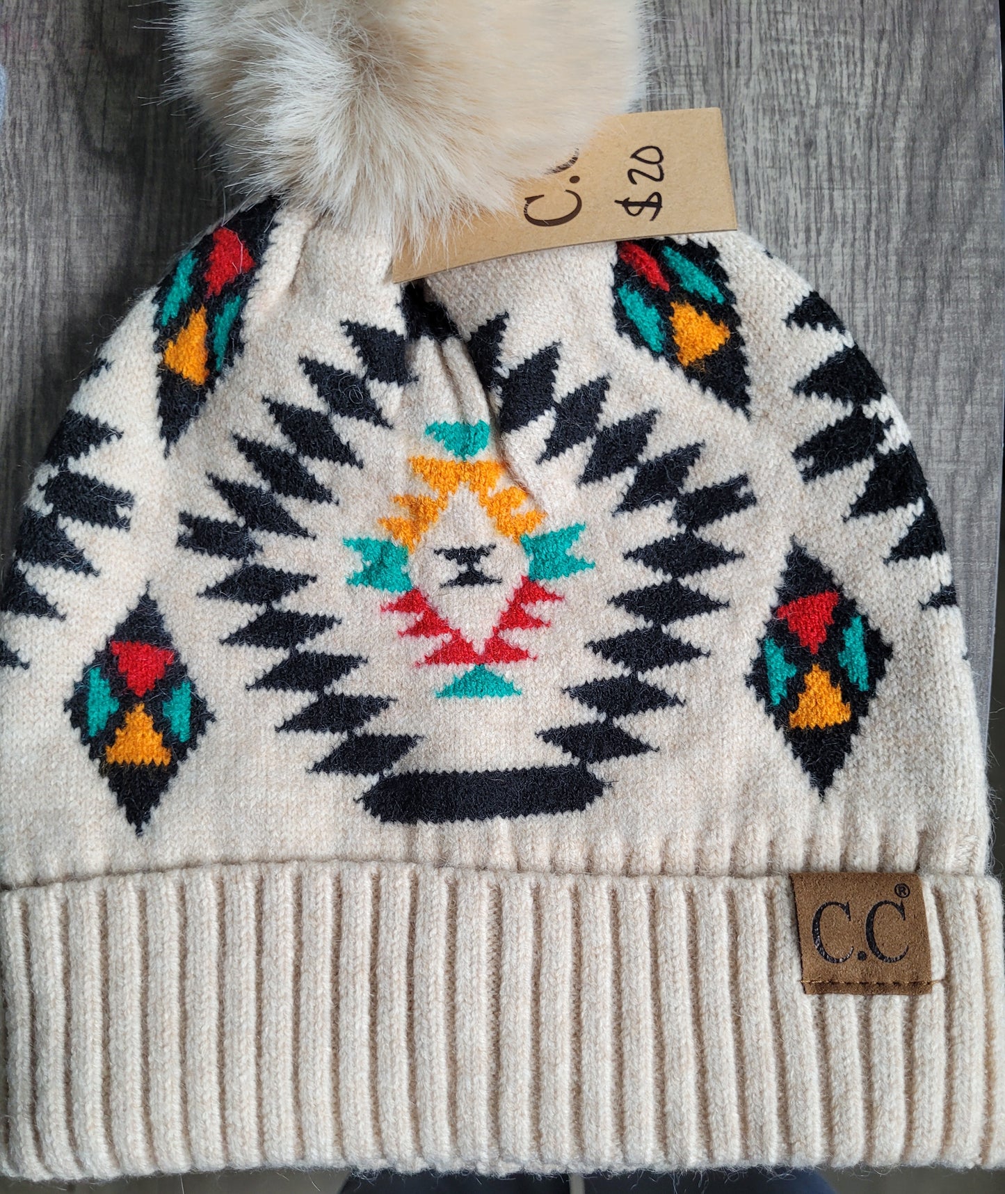 Cream Aztec Pom Beanie