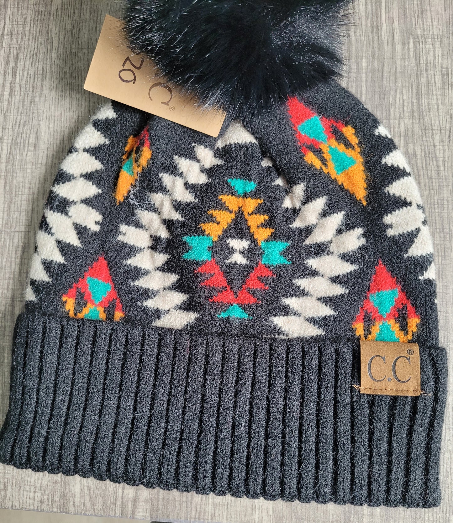 Black Aztec Pom Beanie