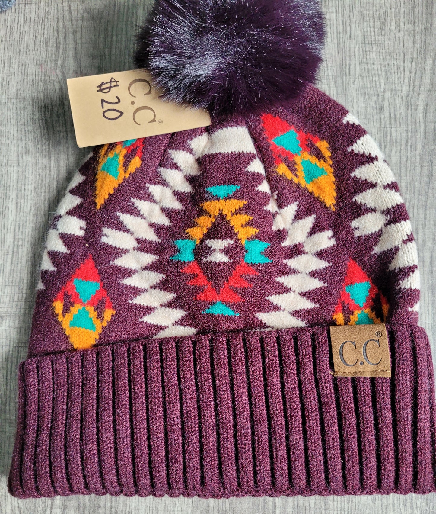 Maroon Aztec Pom Beanie