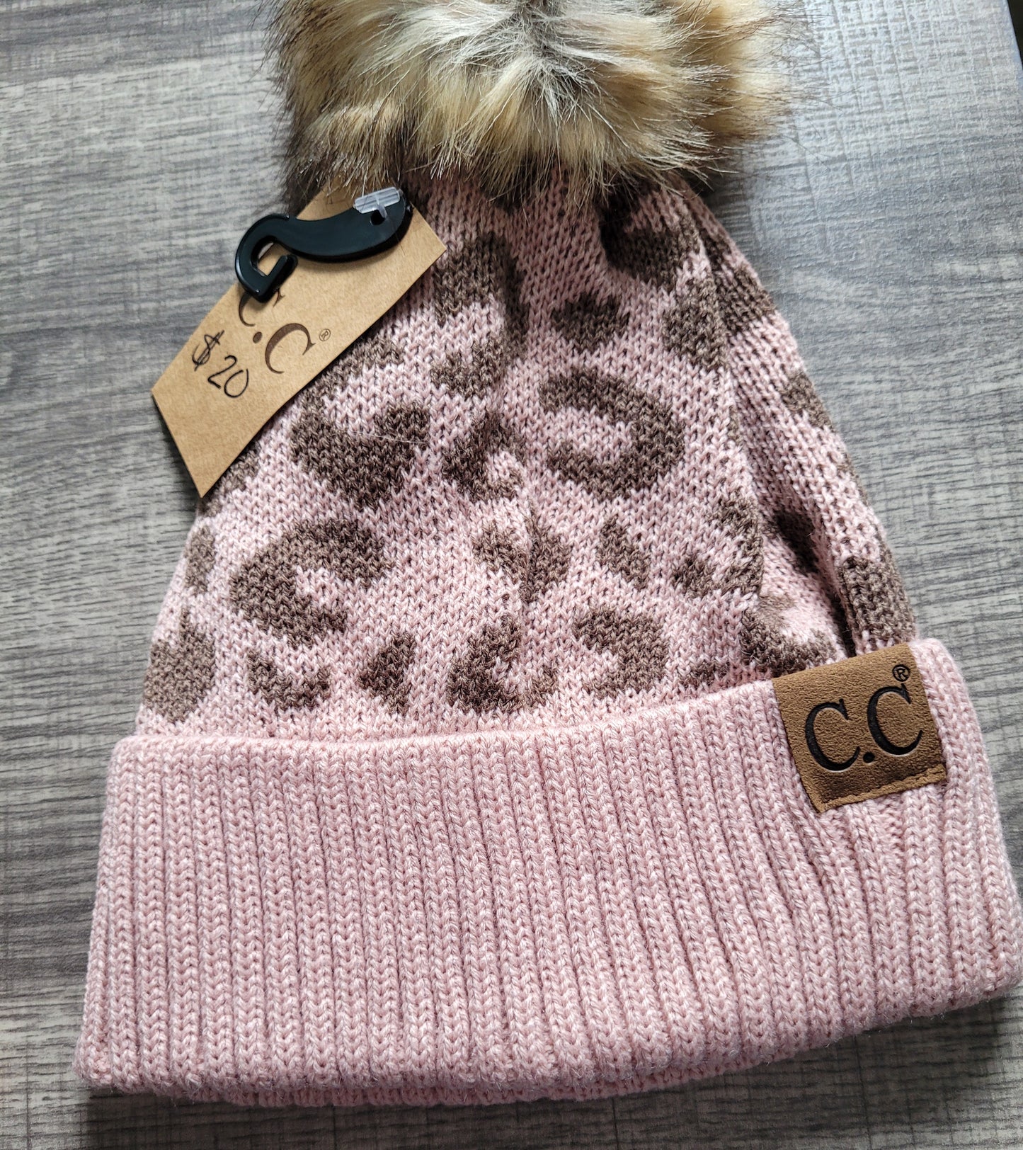 Pink Leopard Pom Beanie
