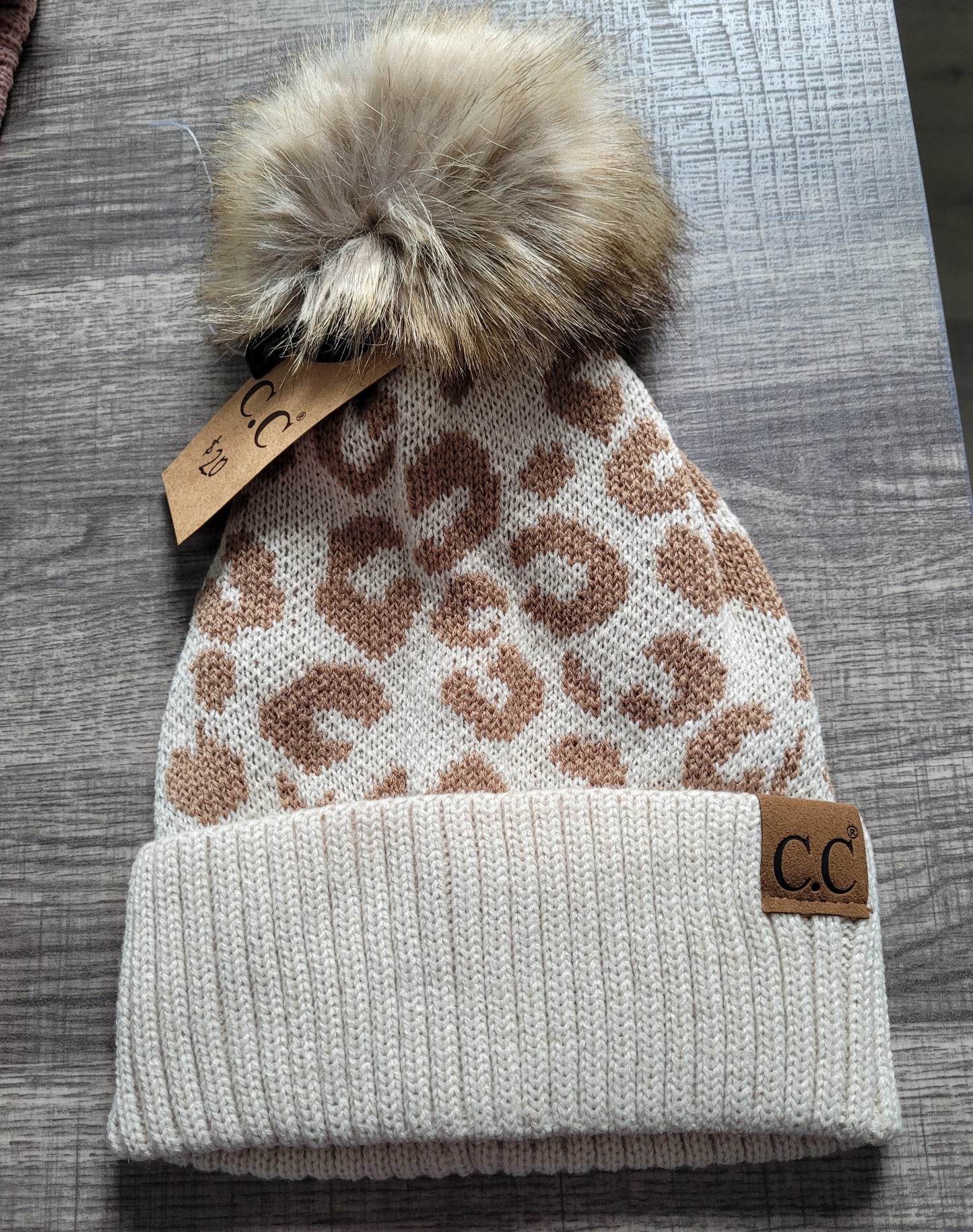 Cream Leopard Pom Beanie