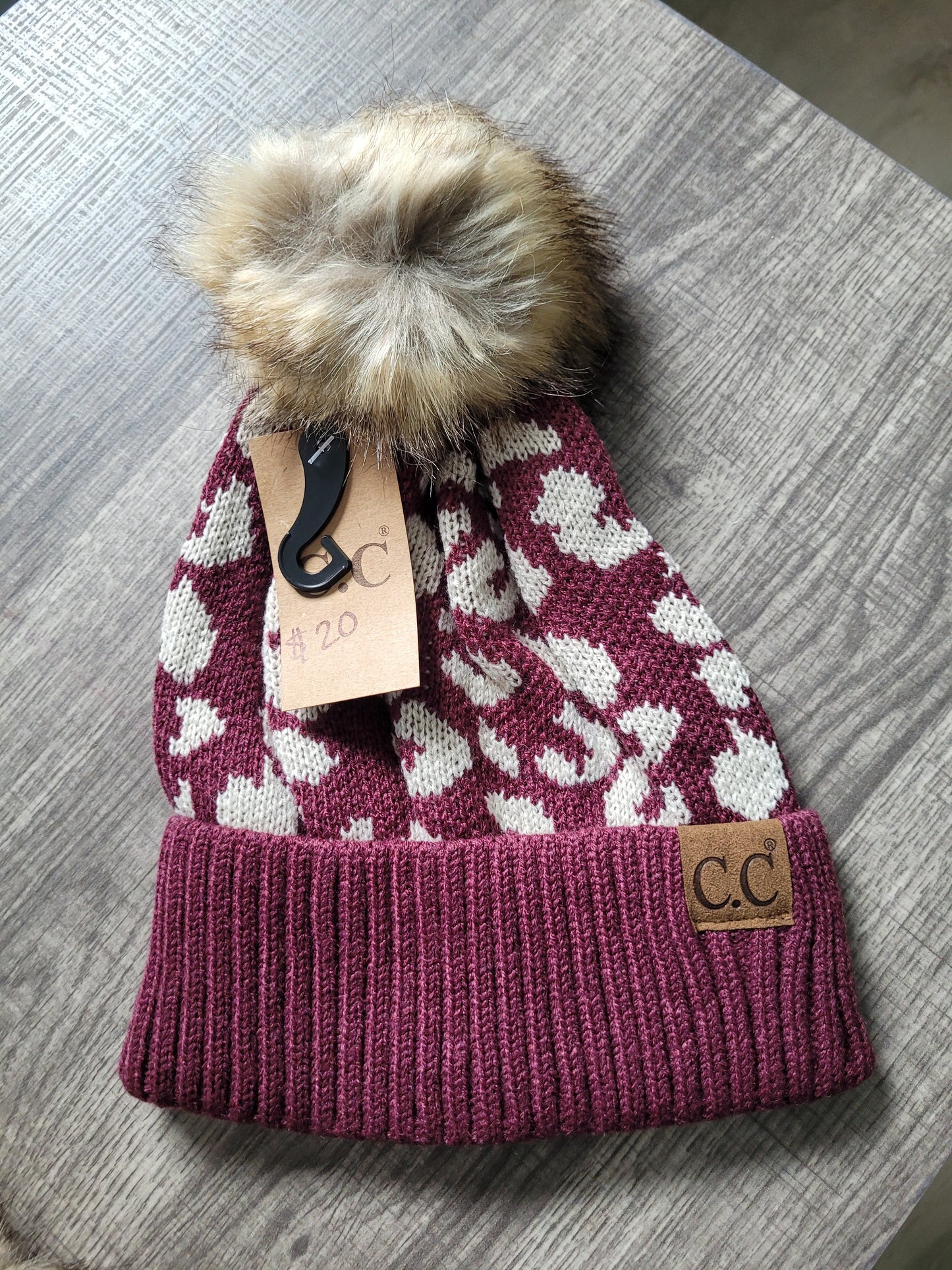Maroon Leopard Pom Beanie