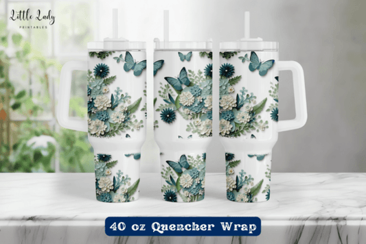Blue Green Butterfly Floral 40 oz Tumbler
