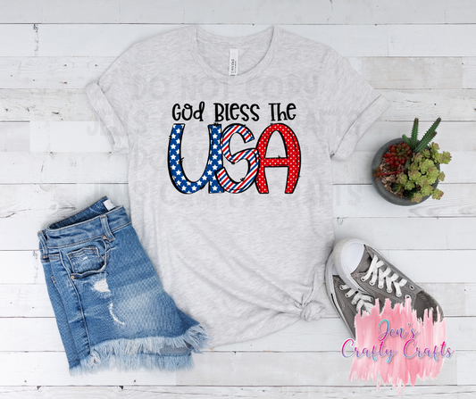 God Bless USA Doodle Letters Graphic Tee